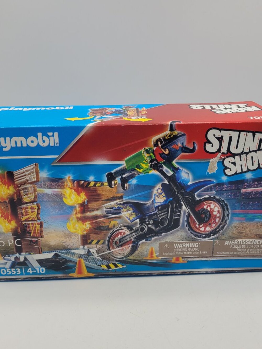 2021 Playmobil 70553 Stunt Show Motocross W/ Fiery Wall 26 Pcs